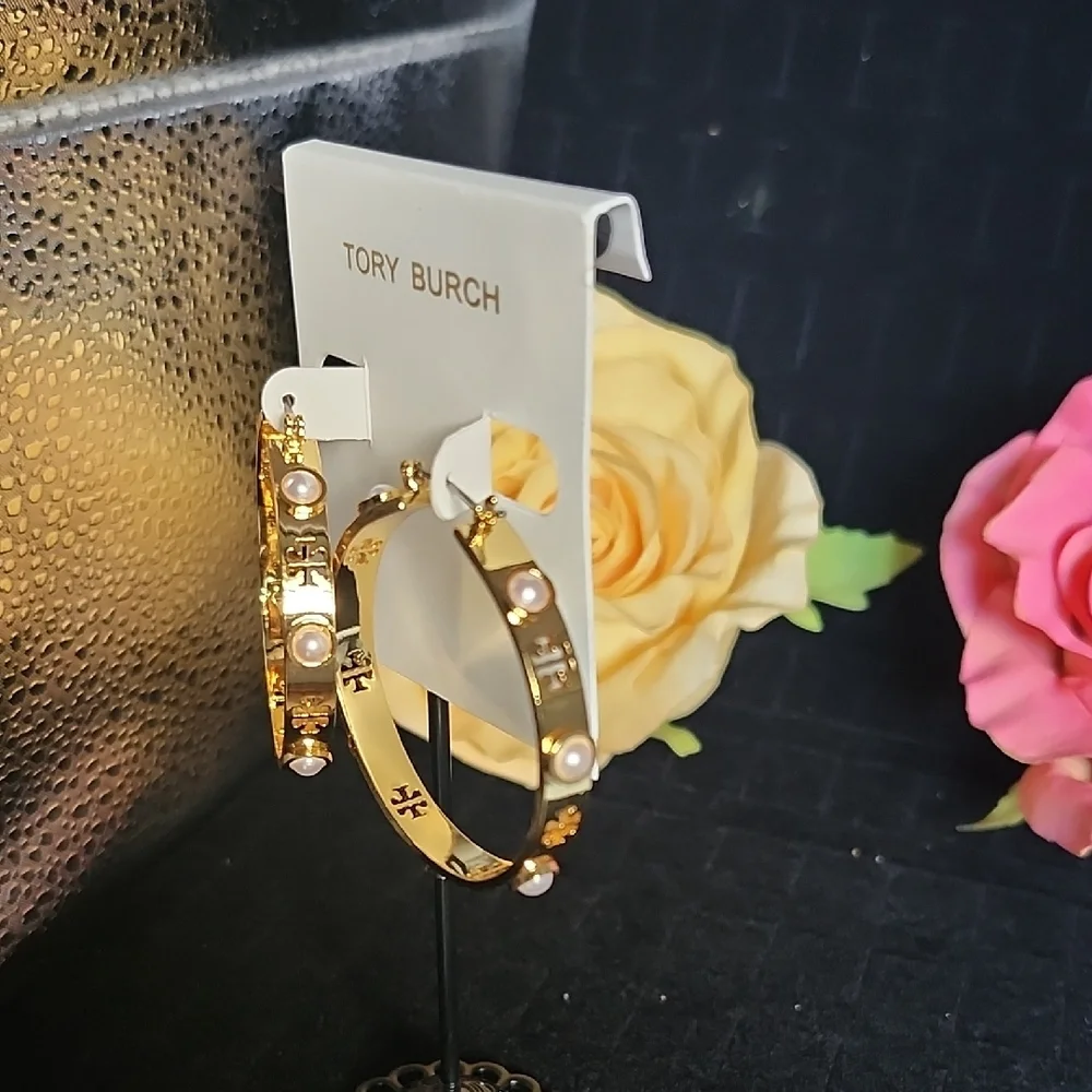 Tory Burch Gold Hoops with Pearl Accents - Picture 2 of 10